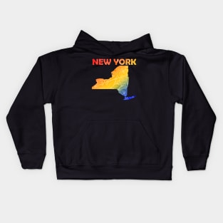 Colorful mandala art map of New York with text in blue, yellow, and red Kids Hoodie